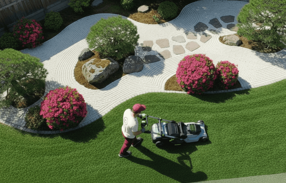 Orto team member using quiet electric lawn mowing equipment on a Sydney property