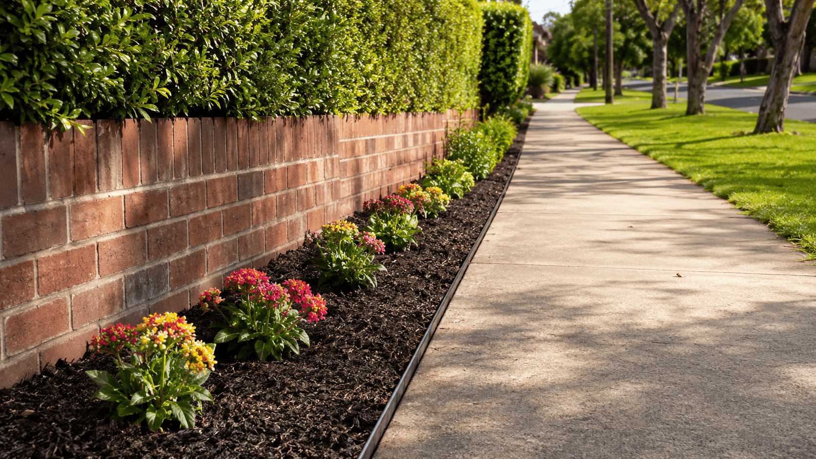Freshly mulched flower bed beside a neatly maintained Sydney footpath